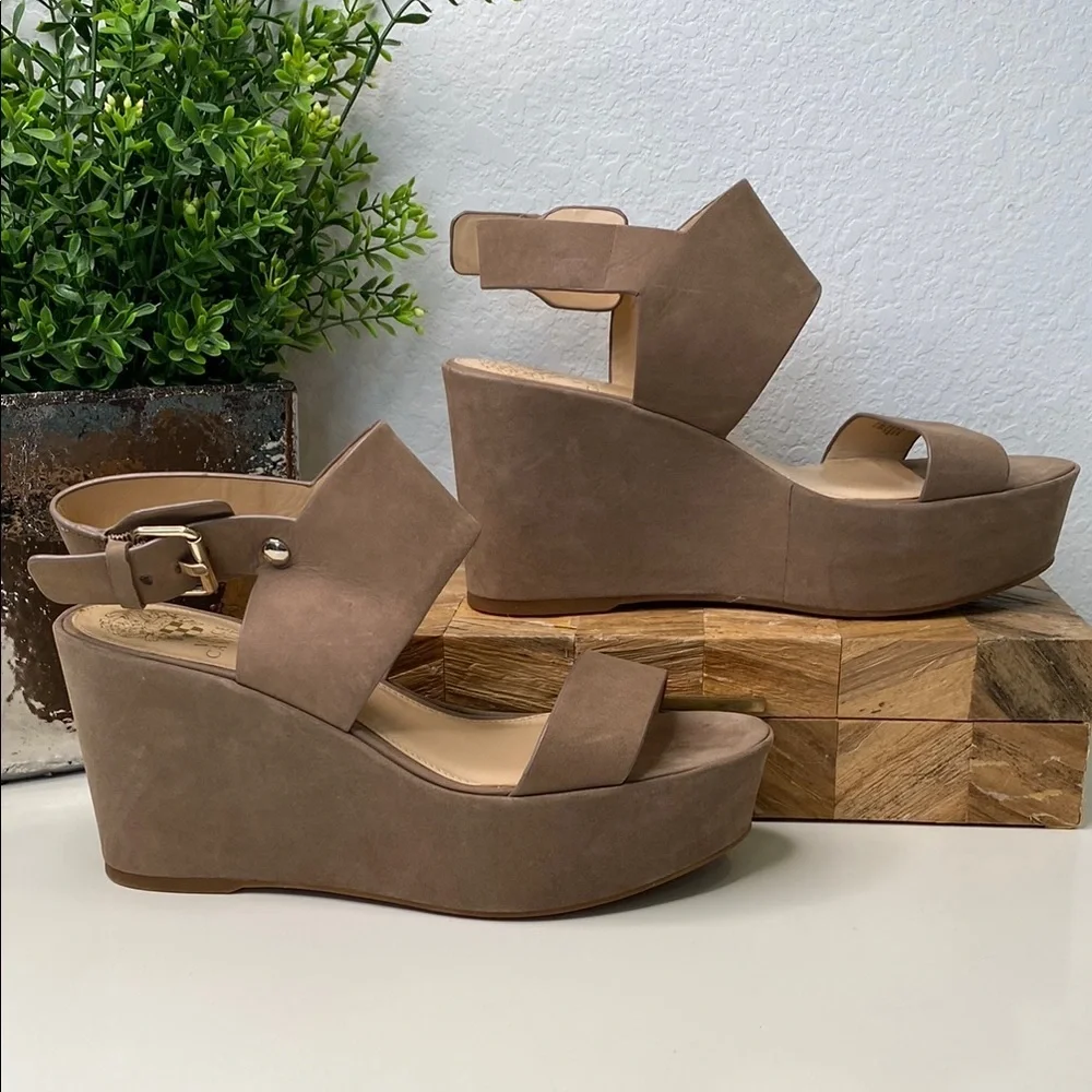 Vince Camuto Taupe Suede Platform Wedge Sandals